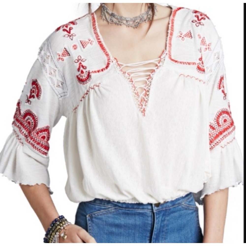 Free People Small Chiquita Embroidered Peasant Top Boho Western Ruffle Sleeve